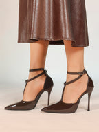 Dark Gloss T-Strap Pumps - Sculpted Pointed Toe Heels with a 4.13" Stiletto