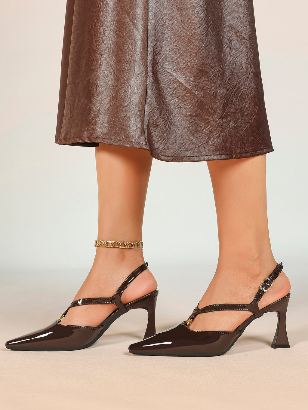 Slimming V-Strap Pumps - Chocolate Patent Heels for Delicate Foot Framing