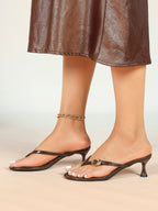 Brown Glossy Leather T-Strap Thong Mule Sandals Gold Ring Detail Kitten Heels Slip-On Soft Insole