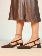 Red Patent V-Strap Slingback Heels with Pointed Toe and Low Block Heel