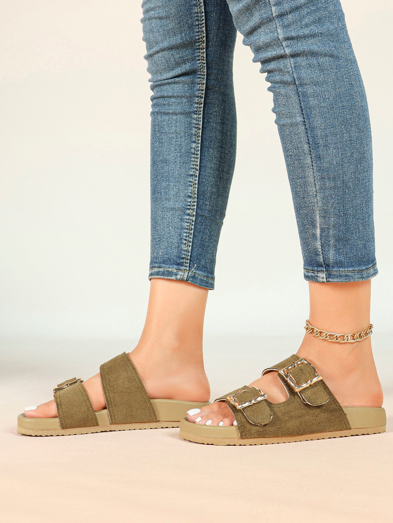 Camel Suede Double-Buckle Platform Slides with Textured Gold-Tone Hardware