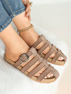 Camel Suede Woven Cage Slides with Silver-Tone Side Buckle