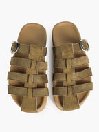 Camel Suede Woven Cage Slides with Silver-Tone Side Buckle