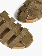 Camel Suede Woven Cage Slides with Silver-Tone Side Buckle