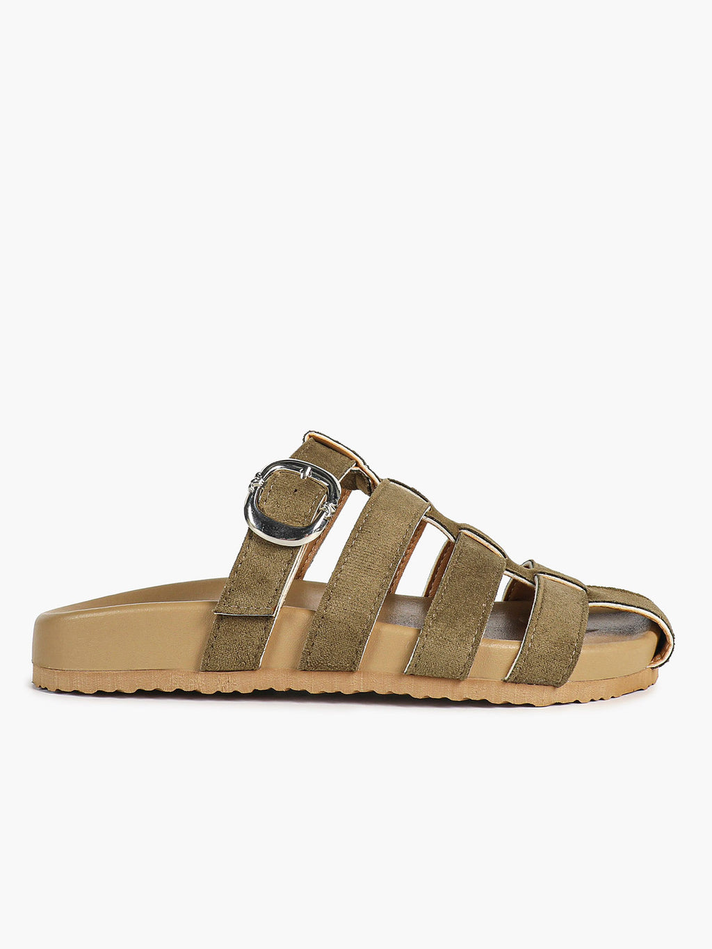 Camel Suede Woven Cage Slides with Silver-Tone Side Buckle