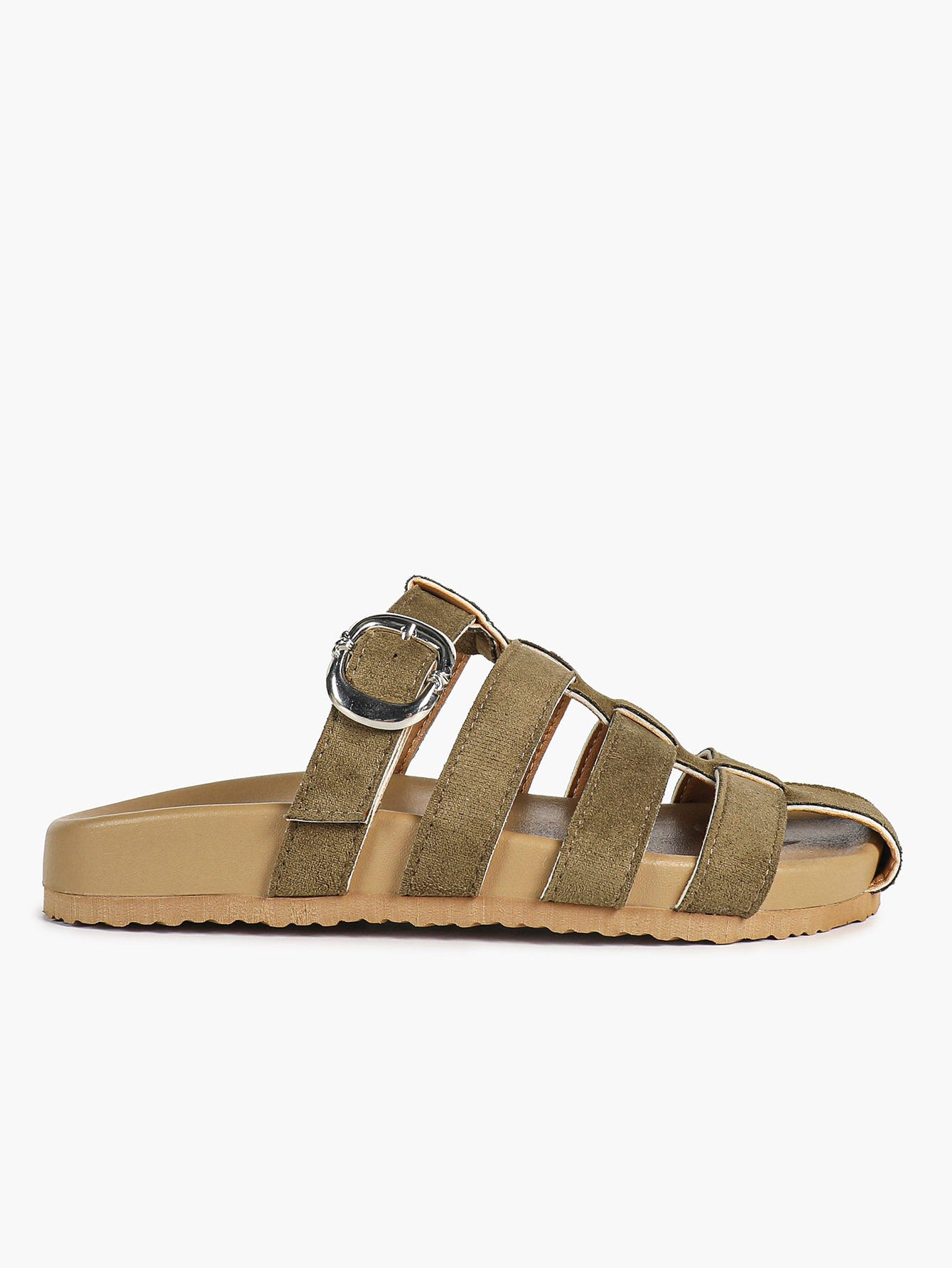 Camel Suede Woven Cage Slides with Silver-Tone Side Buckle
