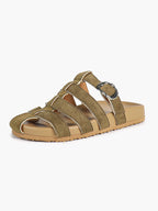 Camel Suede Woven Cage Slides with Silver-Tone Side Buckle