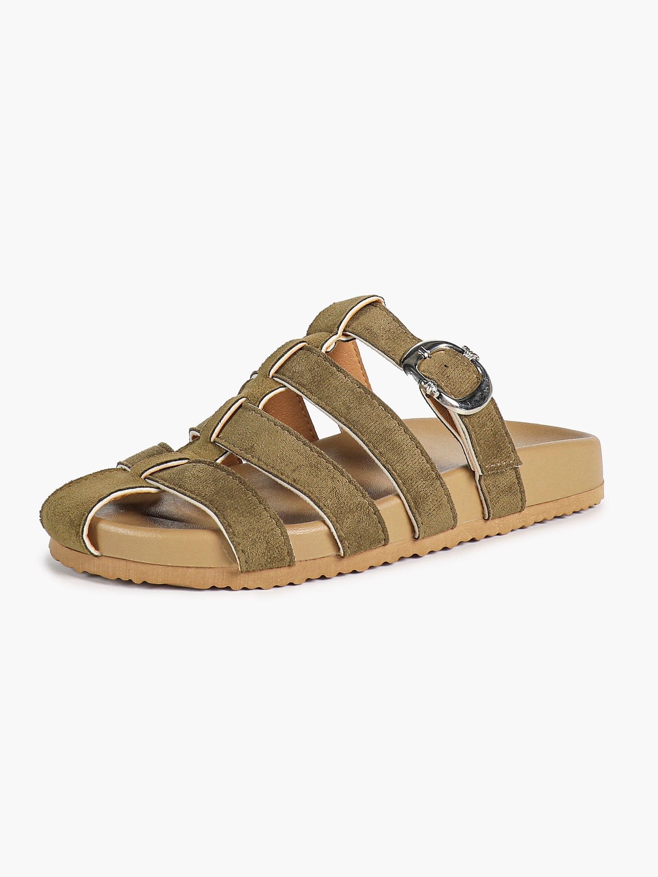 Camel Suede Woven Cage Slides with Silver-Tone Side Buckle