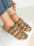 Camel Suede Woven Cage Slides with Silver-Tone Side Buckle