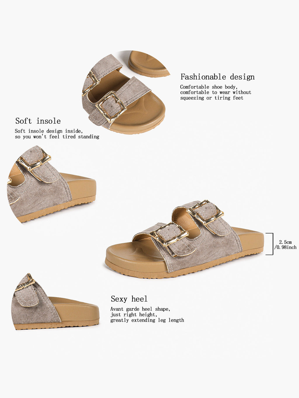Camel Suede Double-Buckle Platform Slides with Textured Gold-Tone Hardware