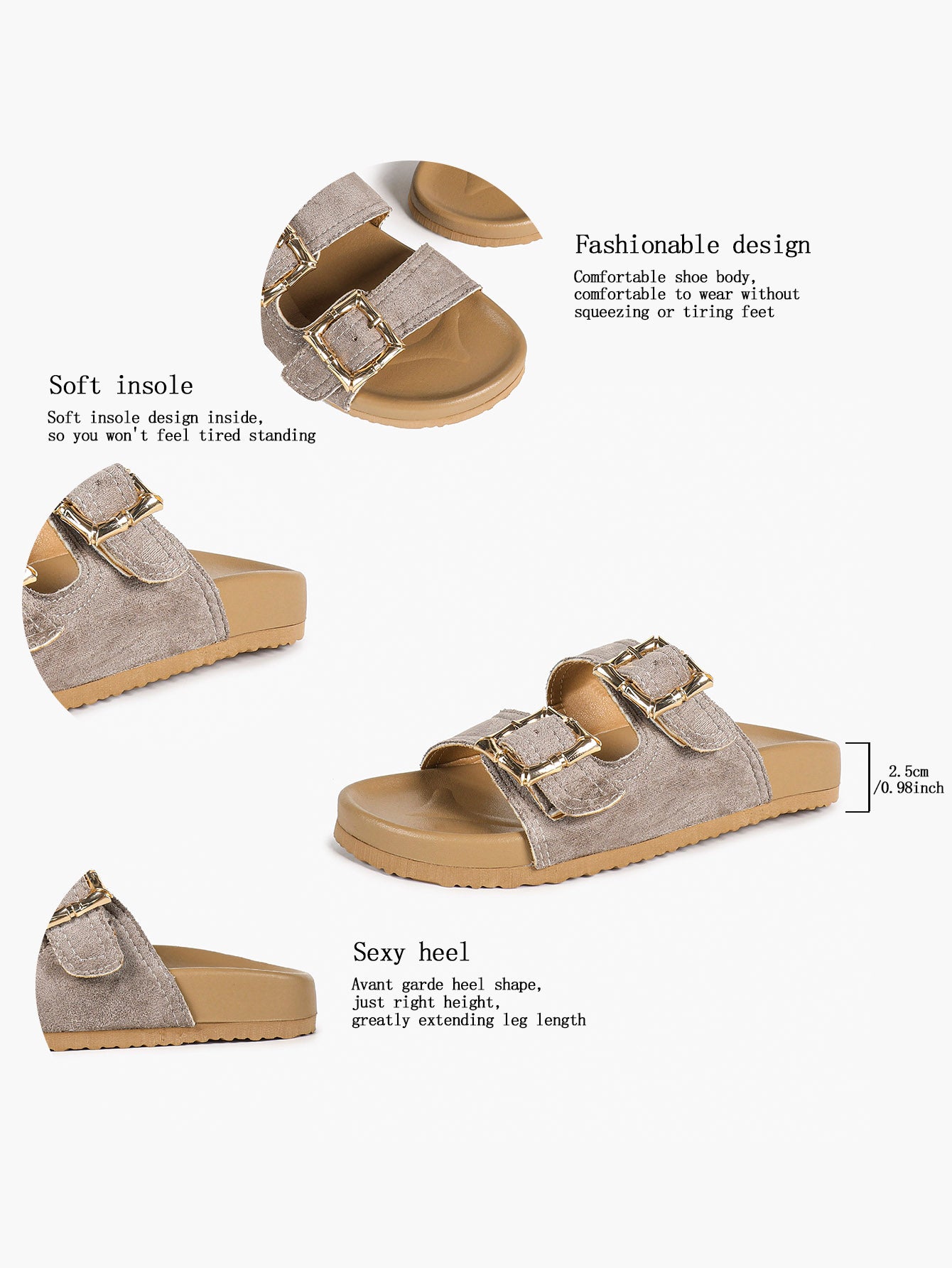 Camel Suede Double-Buckle Platform Slides with Textured Gold-Tone Hardware