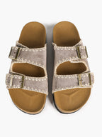 Taupe Suede Slides with Contrast Whipstitch Trim and Gold-Tone Buckles