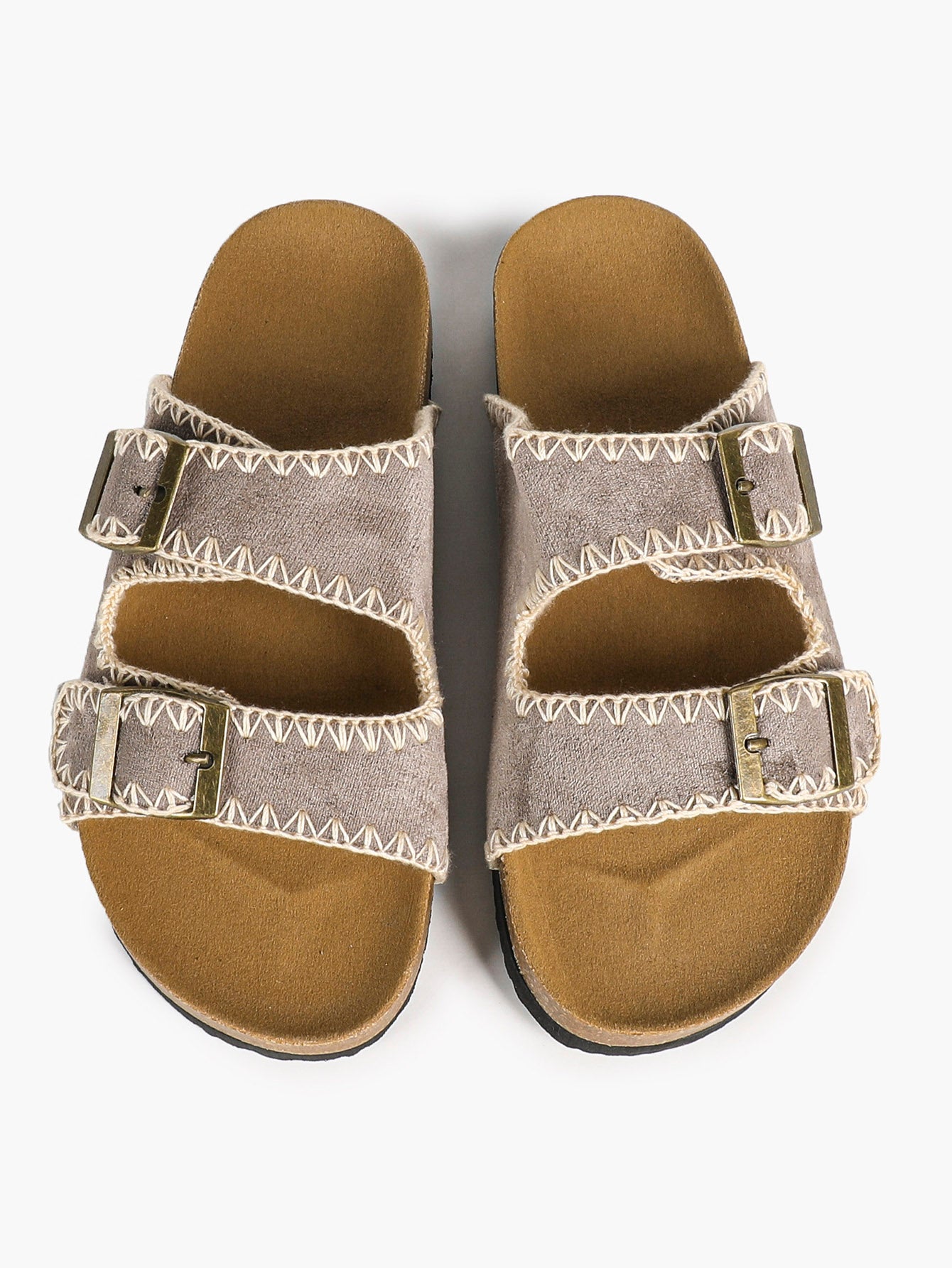 Taupe Suede Slides with Contrast Whipstitch Trim and Gold-Tone Buckles