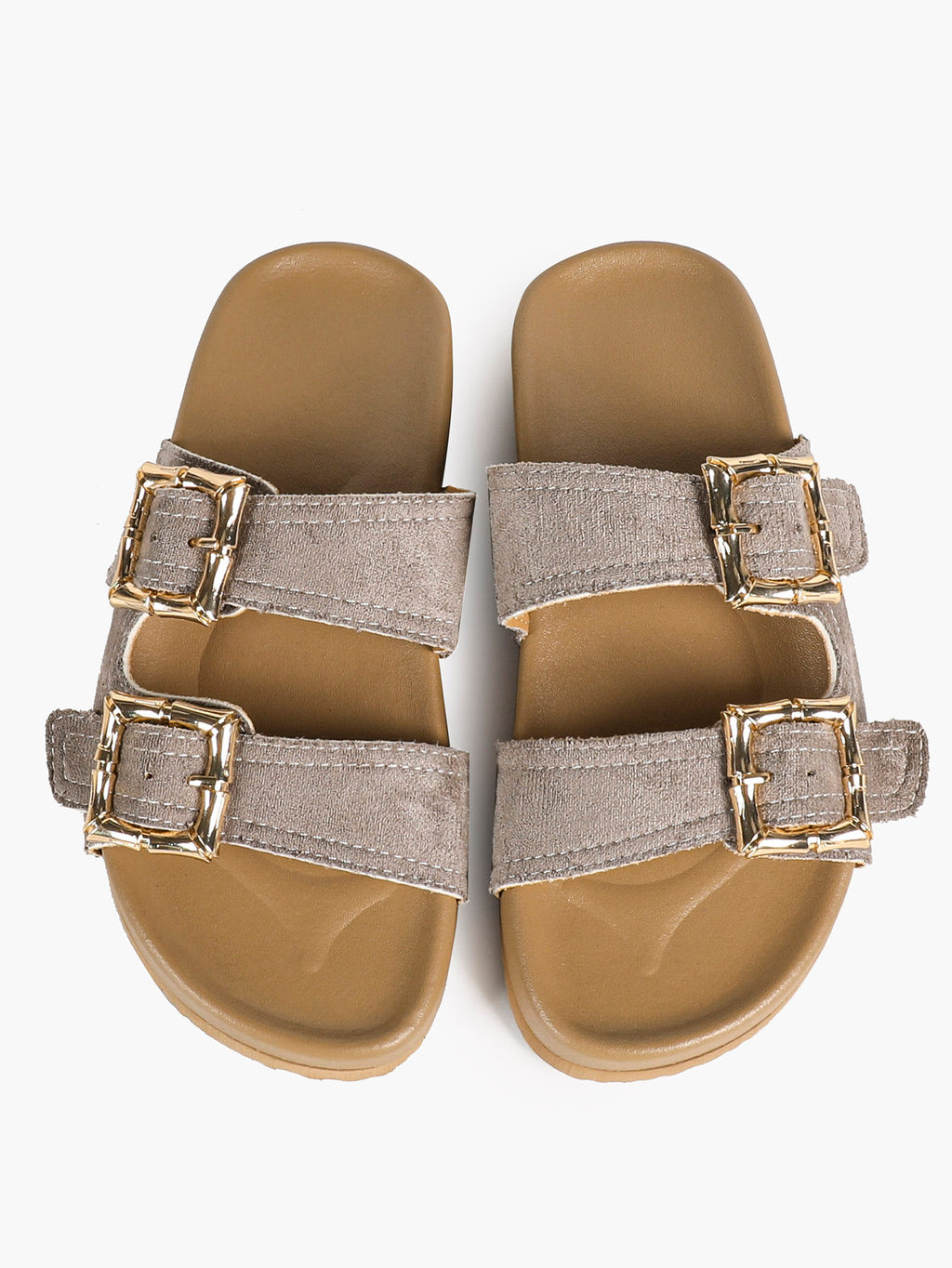 Camel Suede Double-Buckle Platform Slides with Textured Gold-Tone Hardware