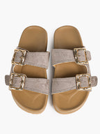 Camel Suede Double-Buckle Platform Slides with Textured Gold-Tone Hardware