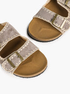 Taupe Suede Slides with Contrast Whipstitch Trim and Gold-Tone Buckles