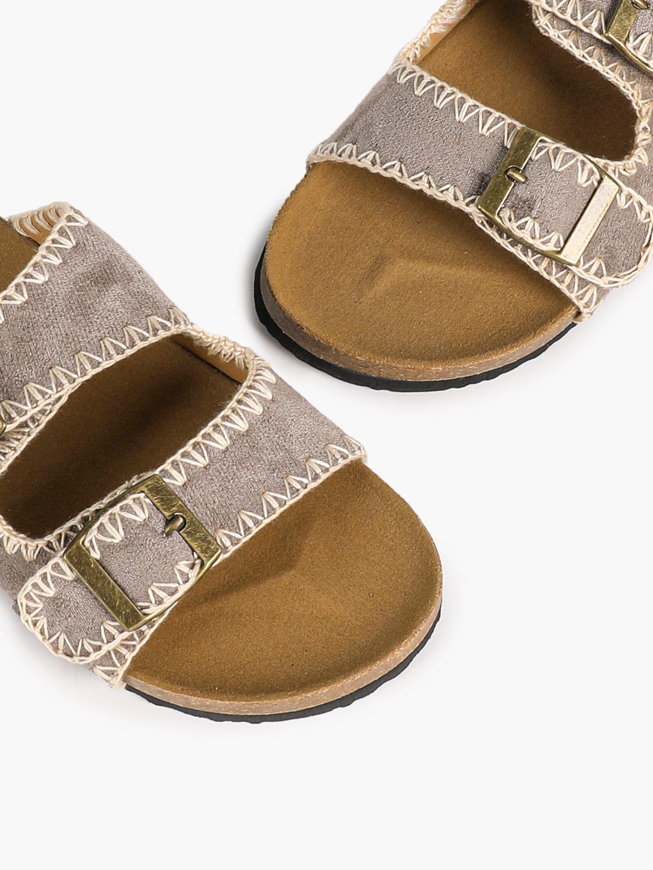 Taupe Suede Slides with Contrast Whipstitch Trim and Gold-Tone Buckles