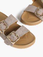 Camel Suede Double-Buckle Platform Slides with Textured Gold-Tone Hardware
