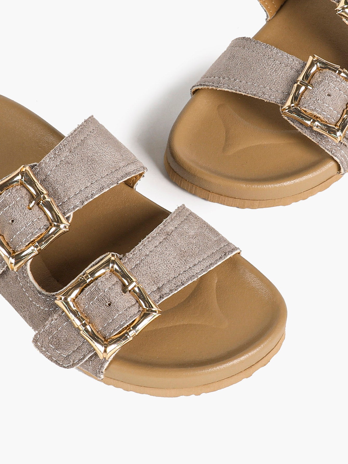 Camel Suede Double-Buckle Platform Slides with Textured Gold-Tone Hardware