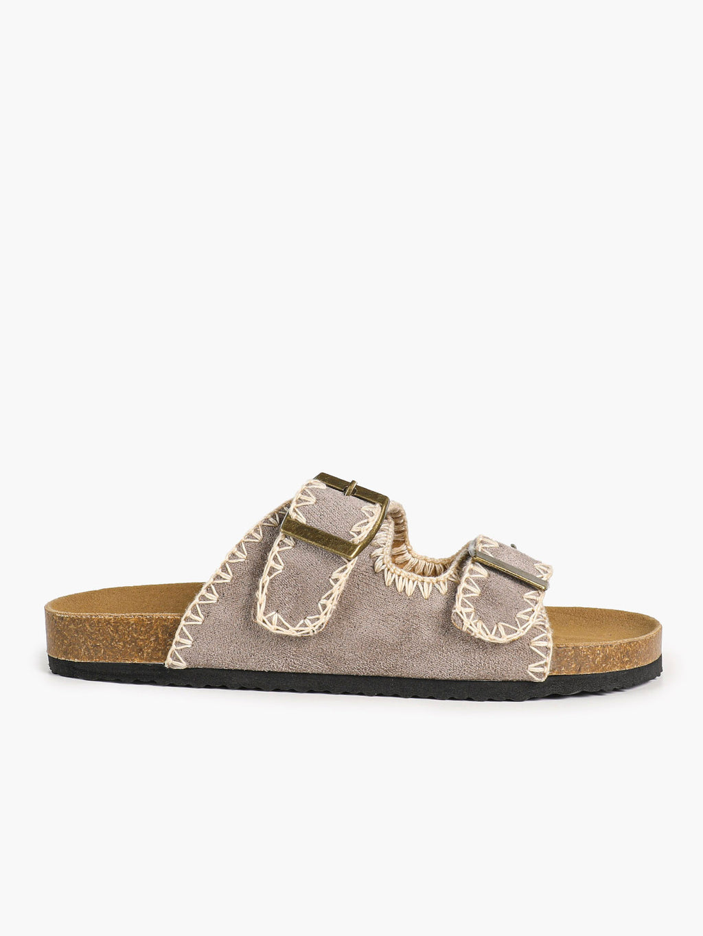 Taupe Suede Slides with Contrast Whipstitch Trim and Gold-Tone Buckles
