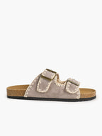 Taupe Suede Slides with Contrast Whipstitch Trim and Gold-Tone Buckles