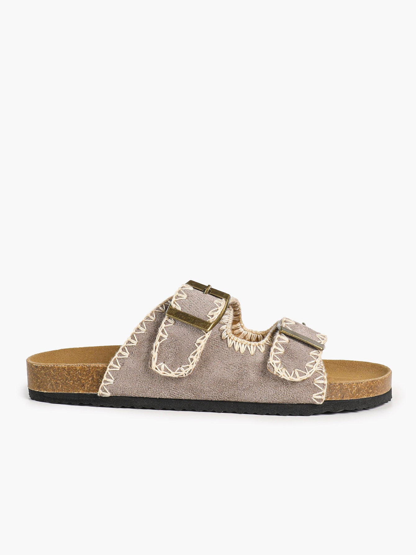 Taupe Suede Slides with Contrast Whipstitch Trim and Gold-Tone Buckles
