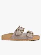 Camel Suede Double-Buckle Platform Slides with Textured Gold-Tone Hardware