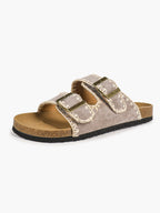 Taupe Suede Slides with Contrast Whipstitch Trim and Gold-Tone Buckles