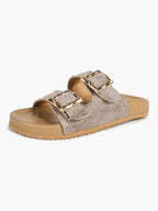 Camel Suede Double-Buckle Platform Slides with Textured Gold-Tone Hardware