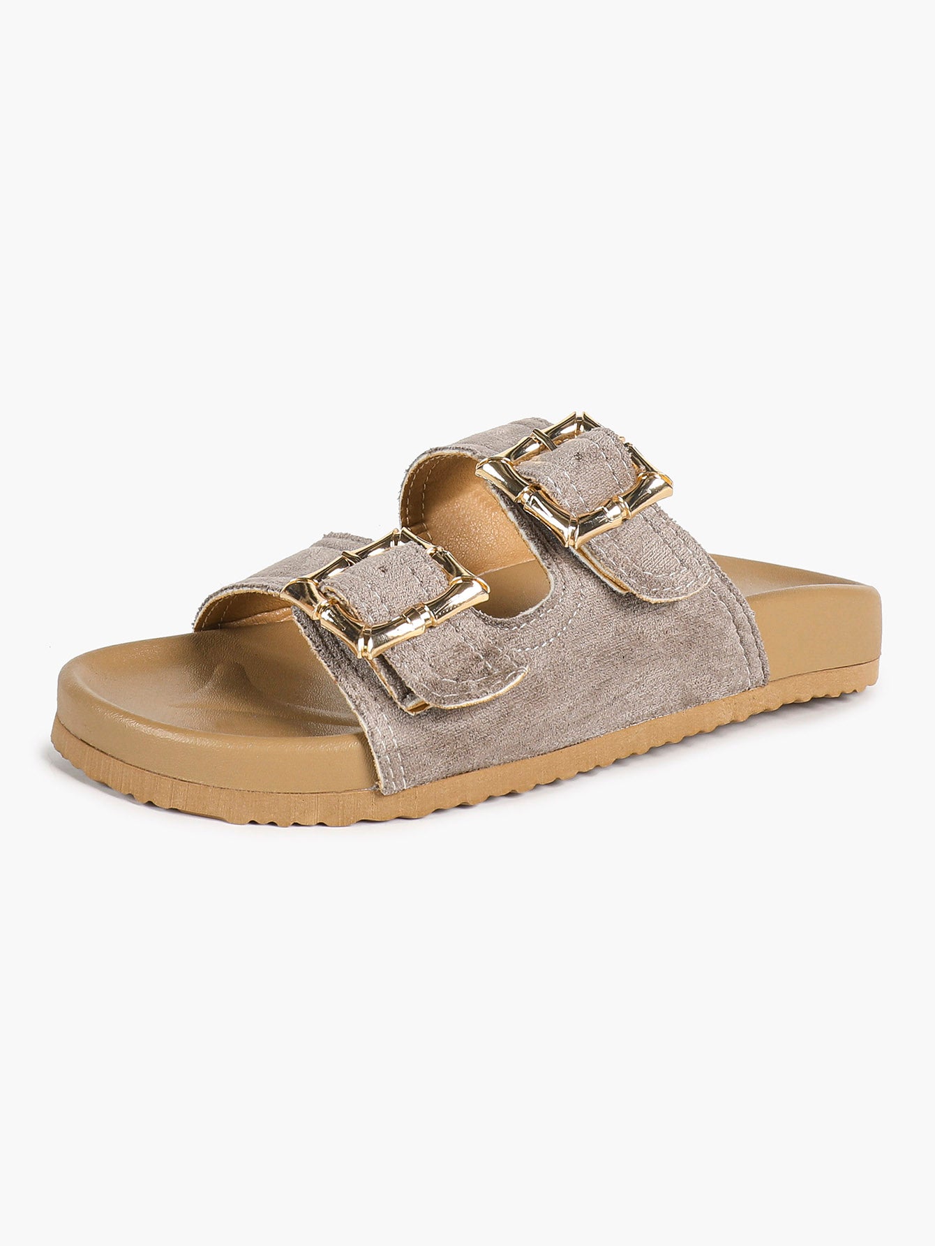 Camel Suede Double-Buckle Platform Slides with Textured Gold-Tone Hardware