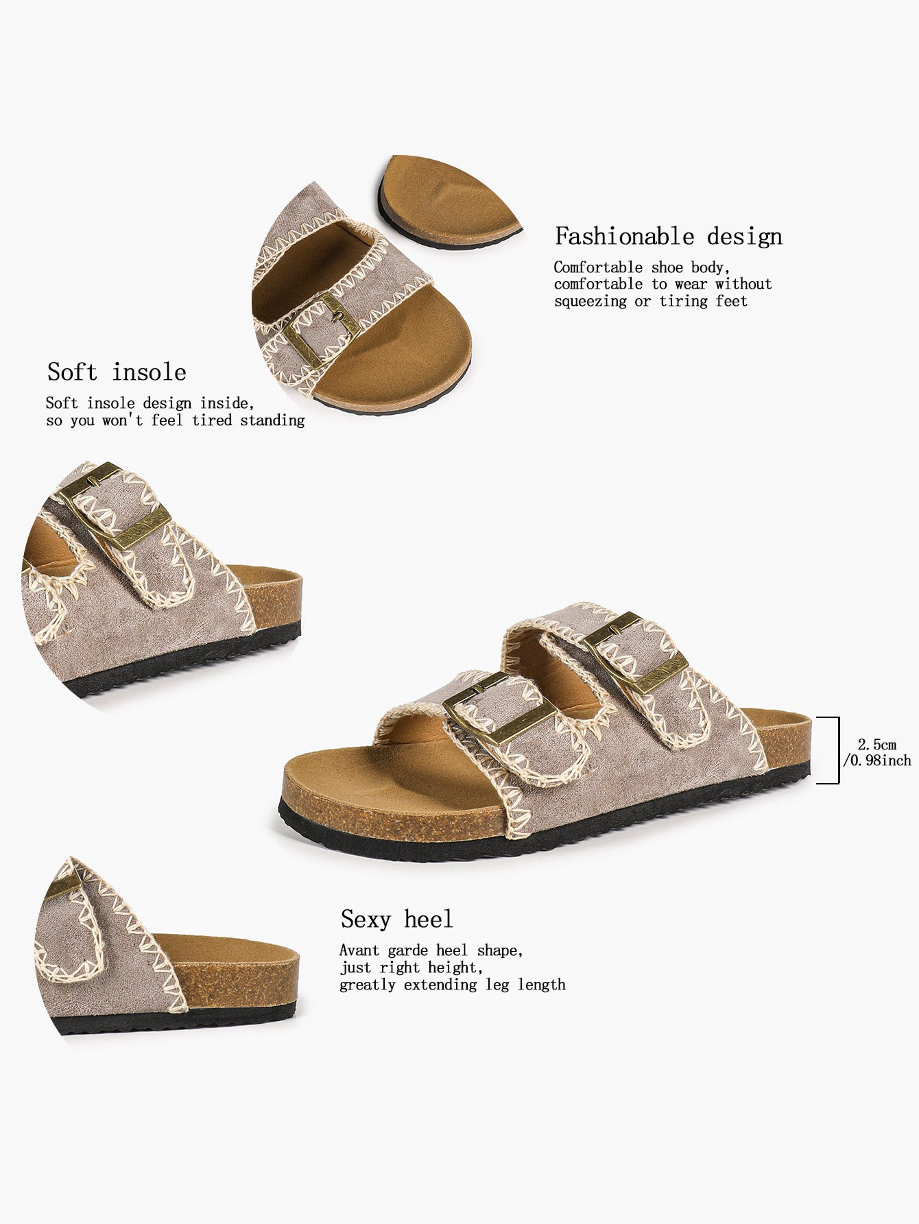 Taupe Suede Slides with Contrast Whipstitch Trim and Gold-Tone Buckles