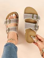 Taupe Suede Slides with Contrast Whipstitch Trim and Gold-Tone Buckles