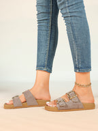 Camel Suede Double-Buckle Platform Slides with Textured Gold-Tone Hardware
