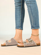 Taupe Suede Slides with Contrast Whipstitch Trim and Gold-Tone Buckles
