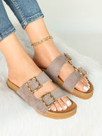 Camel Suede Double-Buckle Platform Slides with Textured Gold-Tone Hardware