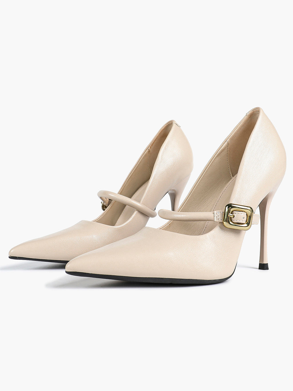 Elegant Ivory Pointed Stiletto Heels | Leather Strap with Gold Buckle ISHIFIVAN