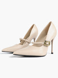 Elegant Ivory Pointed Stiletto Heels | Leather Strap with Gold Buckle ISHIFIVAN