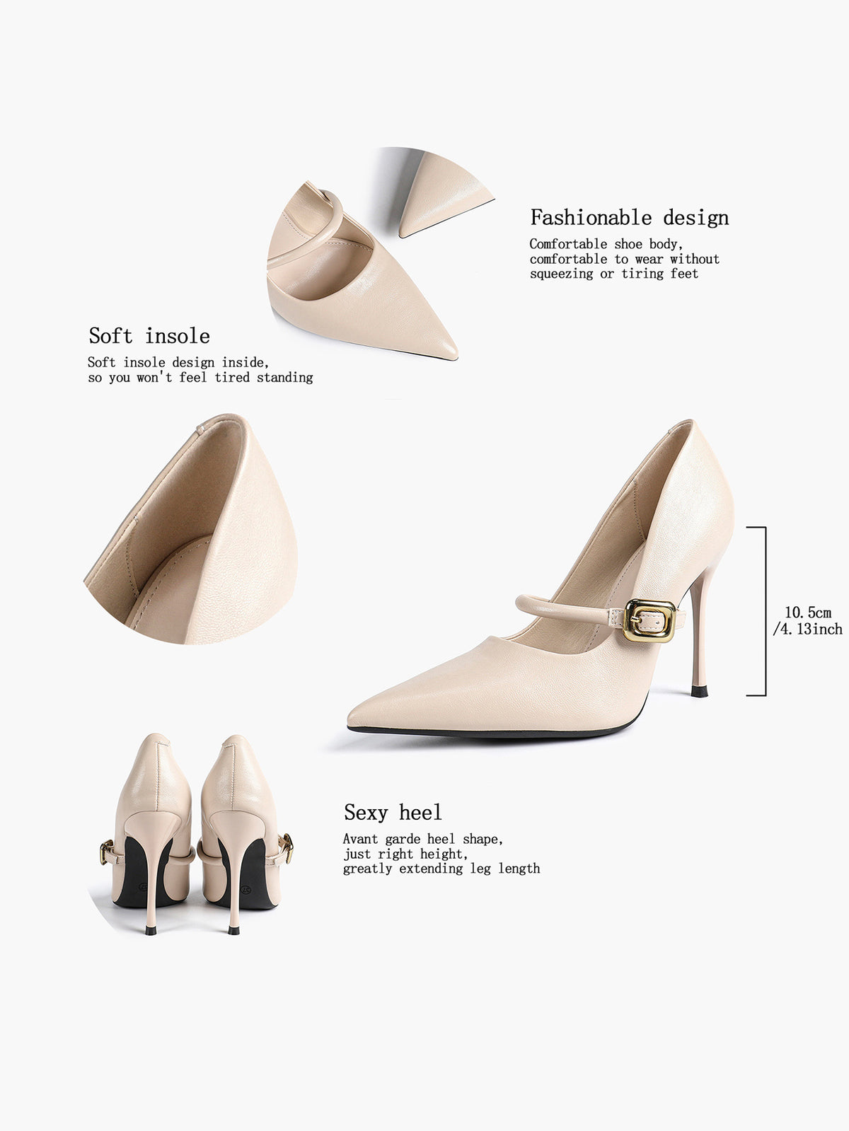 Elegant Ivory Pointed Stiletto Heels | Leather Strap with Gold Buckle ISHIFIVAN