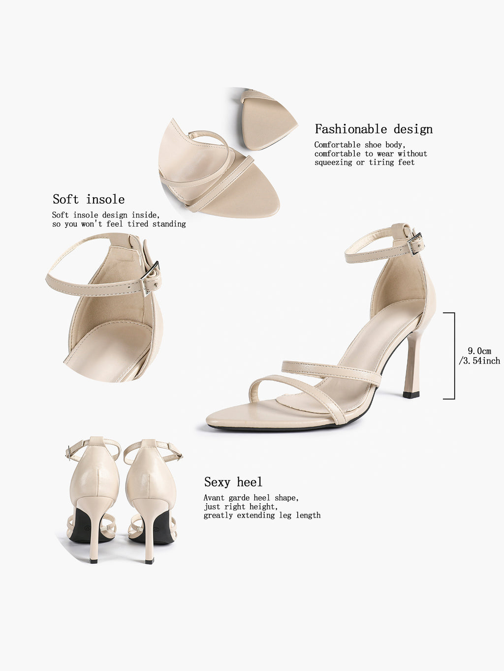 Black Leather Double Strap Heeled Sandals Open Toe - Casual Office Stiletto Pumps