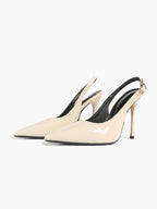 Women's Ivory Patent Leather Pointed Toe Slingback High Heel Pumps Graduation Wedding Shoes