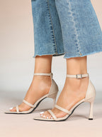 Black Leather Double Strap Heeled Sandals Open Toe - Casual Office Stiletto Pumps
