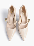 Elegant Ivory Pointed Stiletto Heels | Leather Strap with Gold Buckle ISHIFIVAN
