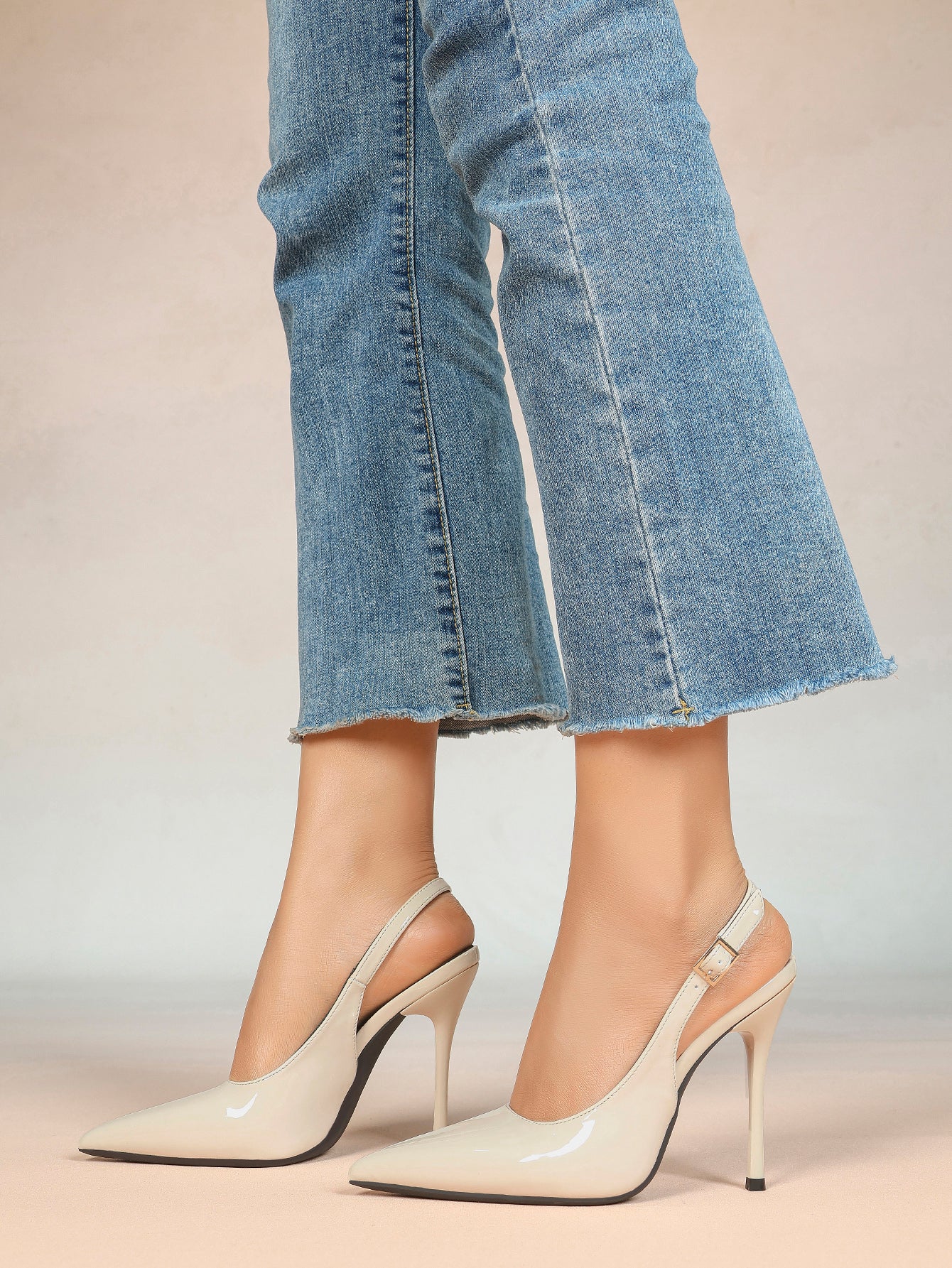 Women's Ivory Patent Leather Pointed Toe Slingback High Heel Pumps Graduation Wedding Shoes