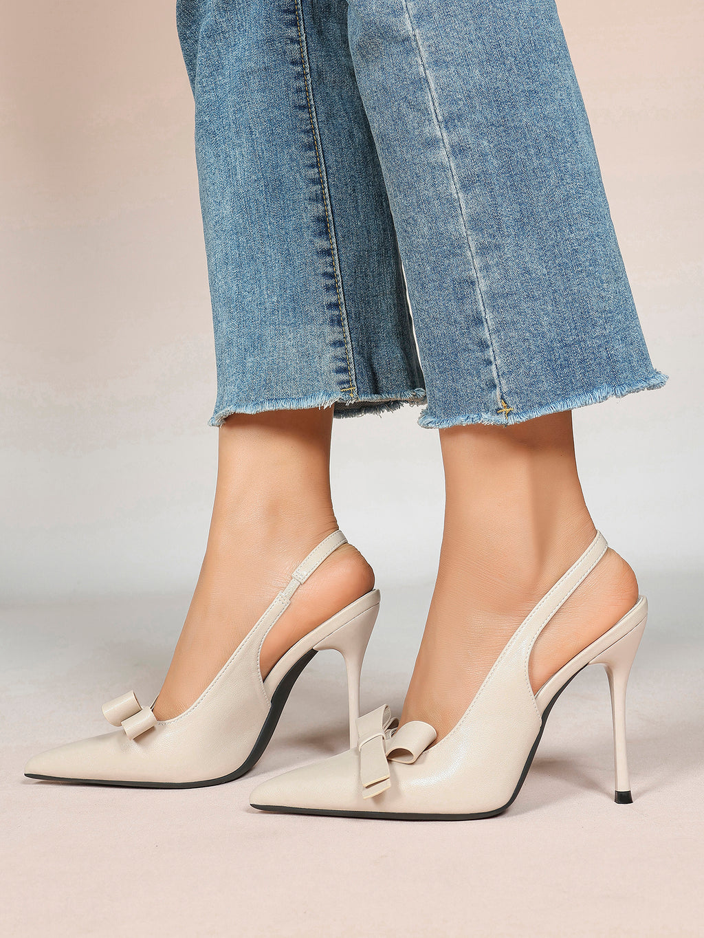 Pointed Toe Bow Detail Slingback Heels - Office Formal Evening Pumps