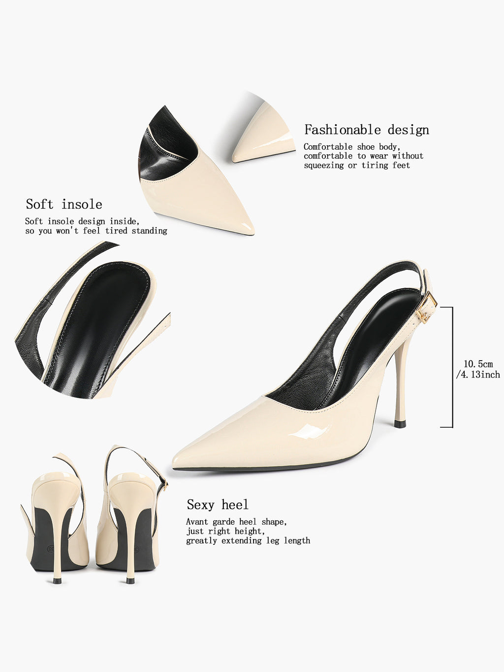 Women's Ivory Patent Leather Pointed Toe Slingback High Heel Pumps Graduation Wedding Shoes