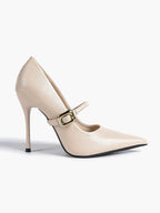 Elegant Ivory Pointed Stiletto Heels | Leather Strap with Gold Buckle ISHIFIVAN