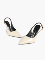 Women's Ivory Patent Leather Pointed Toe Slingback High Heel Pumps Graduation Wedding Shoes