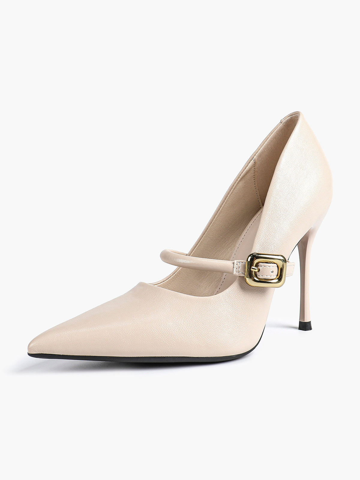 Elegant Ivory Pointed Stiletto Heels | Leather Strap with Gold Buckle ISHIFIVAN