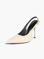 Women's Ivory Patent Leather Pointed Toe Slingback High Heel Pumps Graduation Wedding Shoes