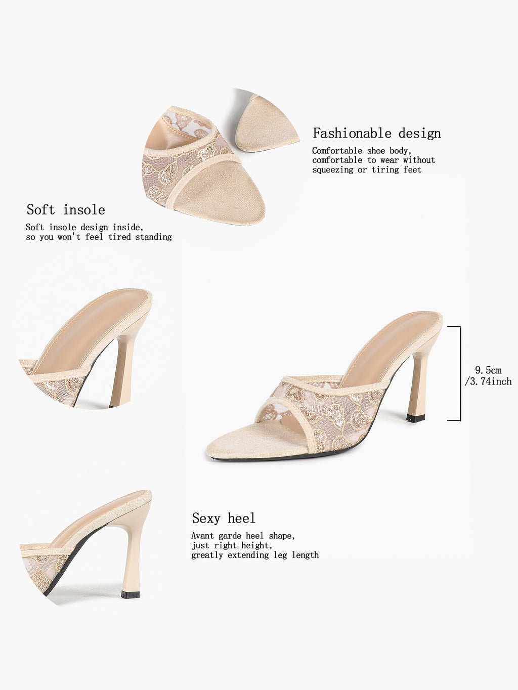 Gilded Mesh Mules - Beige Sequin Sandals with a 3.74" Stable Heel